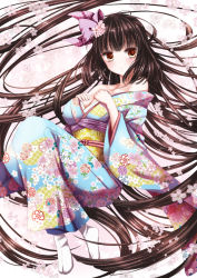 Rule 34 | 1girl, absurdly long hair, bare shoulders, blush, bow, breasts, brown eyes, brown hair, cherry blossoms, flower, hair bow, hair flower, hair ornament, hands on own chest, itsumoto hiroharu, japanese clothes, kimono, long hair, looking away, obi, off shoulder, original, sash, solo, very long hair