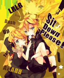 Rule 34 | 1boy, 1girl, ana (rznuscrf), blonde hair, brother and sister, chair, controller, famicom, fur collar, game console, hair ornament, hairclip, headphones, headphones around neck, kagamine len, kagamine rin, nes, one eye closed, project diva (series), project diva f, remote control, remote control (vocaloid), short hair, siblings, smile, twins, vocaloid, wink