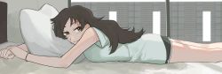 Rule 34 | 1girl, absurdres, bed, bedroom, blush, brown hair, epitaph (1122), highres, idolmaster, idolmaster million live!, idolmaster million live! theater days, kitazawa shiho, long hair, looking at viewer, lying, on stomach, pillow, shirt, shorts, smile, white shirt, window, yellow eyes
