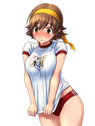 Rule 34 | 10s, 1girl, blush, breasts squeezed together, breasts, brown eyes, brown hair, buruma, commentary request, gym uniform, headband, highres, honda mio, idolmaster, idolmaster cinderella girls, kezune (i- -i), large breasts, long hair, shirt, short hair, short sleeves, simple background, solo, sweat, thighs, white background, white shirt