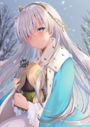 Rule 34 | 1girl, absurdres, anastasia (fate), bare tree, blue cloak, blue eyes, blue nails, blue sky, blurry, blurry background, blush, cloak, closed mouth, commentary request, crown, day, depth of field, dress, eyes visible through hair, fate/grand order, fate (series), fingernails, hair over one eye, head tilt, highres, light brown hair, long hair, looking at viewer, mini crown, nail polish, navy (navy.blue), hugging object, outdoors, silver hair, sky, snowing, solo, tree, very long hair, white dress
