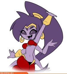 Rule 34 | 1girl, colored skin, cosplay, dankodeadzone, detached sleeves, extra arms, extra eyes, fangs, harem pants, jewelry, long hair, muffet, pants, purple hair, purple skin, shantae (cosplay), shantae (series), undertale