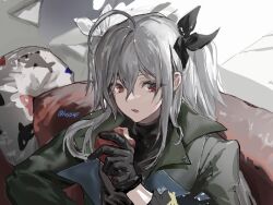 Rule 34 | 1girl, ahoge, apple, arknights, black gloves, black jacket, black ribbon, food, fruit, gloves, grey hair, hair ribbon, highres, holding, holding food, holding fruit, jacket, long hair, long sleeves, looking at viewer, official alternate costume, open mouth, red eyes, ribbon, signature, skadi (arknights), skadi (the next afternoon tea) (arknights), solo, twice12314, twitter username, two side up, upper body, very long hair, white ribbon