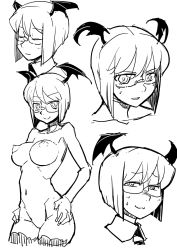 Rule 34 | 1girl, :3, alternate hair length, alternate hairstyle, bat wings, bespectacled, blush, breasts, collarbone, closed eyes, face, glasses, greyscale, hands on own hips, head wings, highres, koakuma, large breasts, looking at viewer, maru-sun, monochrome, naughty face, navel, nipples, nude, parted lips, perky breasts, short hair, slit pupils, solo, sweat, thighhighs, touhou, troll face, wings