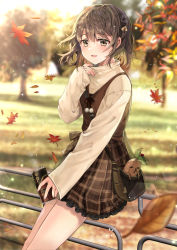 Rule 34 | 1girl, autumn, autumn leaves, bag, blurry, blurry background, blush, braid, brown eyes, brown hair, brown skirt, can, canned coffee, chocho (homelessfox), cowboy shot, day, depth of field, drink can, falling leaves, hair ribbon, handbag, holding, holding can, leaf, lens flare, long sleeves, looking at viewer, mandrake, on railing, original, outdoors, park, plaid, plaid skirt, pom pom (clothes), railing, ribbon, short hair, shoulder bag, sitting, skirt, sleeves past wrists, sweater, yellow ribbon, yellow sweater