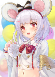 Rule 34 | 1girl, absurdres, animal, animal ears, blurry, bow, bowtie, brooch, buttons, carrying, commentary request, crop top, detached sleeves, granblue fantasy, hair bow, hair ornament, hairband, hairclip, hand up, heart, heart brooch, highres, jewelry, long sleeves, looking at viewer, midriff, mouse (animal), mouse ears, navel, open mouth, ponta (velmar), red eyes, shirt, short hair, silver hair, smile, solo, upper body, vikala (granblue fantasy), white shirt, wide sleeves, wing collar