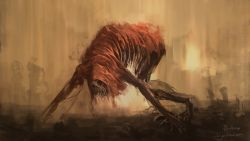 Rule 34 | all fours, artist name, blood-starved beast, bloodborne, claws, cloak, commentary request, copyright name, creature, fangs, highres, horror (theme), looking at viewer, monster, no humans, open mouth, red cloak, ribs, sharp teeth, sketch, spine, teeth, tripdancer
