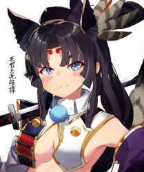 Rule 34 | 1girl, absurdres, armor, asymmetrical sleeves, black hair, black hat, blue eyes, blush, breast curtains, breasts, fate/grand order, fate (series), feather hair ornament, feathers, hair ornament, hat, highres, holding, holding sword, holding weapon, japanese armor, long hair, medium breasts, mismatched sleeves, pom pom (clothes), revealing clothes, same (sendai623), smile, solo, sword, thick eyebrows, upper body, ushiwakamaru (fate), weapon