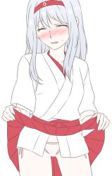 Rule 34 | 10s, 1girl, ^ ^, bad id, bad pixiv id, blush, censored, closed eyes, clothes lift, crotchless, crotchless panties, embarrassed, female focus, hairband, hakama, japanese clothes, kantai collection, miko, open mouth, panties, pink panties, red hakama, shoukaku (kancolle), side-tie panties, silver hair, simple background, skirt, skirt lift, solo, tears, udon (shiratama), underwear, white background