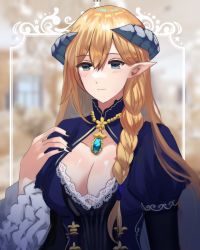 1girl alternate_costume arknights black_nails blonde_hair blue_dress blue_eyes blue_sealad blurry blurry_background breasts cleavage commentary dress hair_between_eyes hand_up highres horns juliet_sleeves large_breasts long_hair long_sleeves looking_at_viewer nail_polish pointy_ears puffy_sleeves saileach_(arknights) smile solo upper_body very_long_hair wide_sleeves