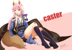 Rule 34 | 10s, 1boy, animal ears, detached sleeves, fate/extra, fate (series), fox ears, fox tail, genderswap, genderswap (ftm), geta, japanese clothes, kneehighs, licking, licking finger, long hair, male focus, pink hair, puyue, shoes, shorts, single shoe, socks, solo, tail, tamamo no mae (fate/extra), thighhighs, yellow eyes