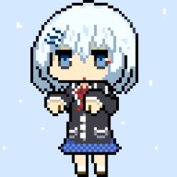 Rule 34 | 1girl, blazer, blue eyes, commentary request, date a live, expressionless, hair between eyes, hair ornament, hairclip, jacket, long sleeves, pixel art, ribbon, school uniform, short hair, skirt, solo, standing, stars-xc, tobiichi origami, uniform, white hair