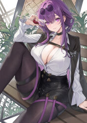 Rule 34 | 1girl, alcohol, black choker, black jacket, black pantyhose, black shorts, breasts, catsmoon, choker, commentary request, cup, drinking glass, eyewear on head, head tilt, high-waist shorts, highres, holding, holding cup, honkai: star rail, honkai (series), jacket, kafka (honkai: star rail), knee up, large breasts, long hair, looking at viewer, pantyhose, pantyhose under shorts, parted lips, purple eyes, purple hair, shirt, short shorts, shorts, sitting, solo, sunglasses, thigh strap, very long hair, white shirt, wine, wine glass