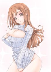 Rule 34 | 10s, 1girl, alternate costume, areola slip, blush, bottomless, breasts, brown eyes, brown hair, chestnut mouth, cleavage, cleavage cutout, clothing cutout, cowboy shot, curvy, female focus, frapowa, kunikida hanamaru, large breasts, long hair, long sleeves, looking at viewer, love live!, love live! school idol project, love live! sunshine!!, meme attire, open-chest sweater, open mouth, ribbed sweater, shirt tug, solo, sparkle, sweater, very long hair, wide hips, yellow eyes