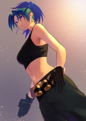 Rule 34 | 1girl, absurdres, bad id, bad twitter id, bare shoulders, black tank top, blue eyes, blue hair, breasts, cleavage, gas can, hara kenshi, highres, jewelry, leona heidern, long hair, making-of available, medium breasts, midriff, military, navel, ponytail, snk, soldier, solo, standing, tank top, the king of fighters