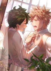 Rule 34 | 2boys, absurdres, adjusting bow, bakugou katsuki, blonde hair, boku no hero academia, bouquet, bow, bowtie, collared shirt, commentary, day, closed eyes, flower, formal, freckles, green hair, hand up, highres, indoors, long sleeves, looking at another, male focus, midoriya izuku, multiple boys, namarigenshi, open mouth, pink bow, pink bowtie, red eyes, rose, scar, scar on hand, shirt, short hair, spiked hair, standing, suit, traditional bowtie, vest, watch, white shirt, white suit, window, yaoi