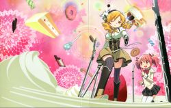 Rule 34 | 10s, 2girls, absurdres, aiming, beret, blonde hair, boots, brown legwear, cake, candle, candy, chocolate, chocolate bar, cookie, corset, cover, cream, crease, detached sleeves, doughnut, drill hair, dual wielding, dvd cover, food, fruit, gun, hair ornament, hair ribbon, hairpin, hat, highres, holding, kaname madoka, kishida takahiro, knee boots, lollipop, long hair, magical girl, magical musket, mahou shoujo madoka magica, mahou shoujo madoka magica (anime), multiple girls, musket, non-web source, official art, one eye closed, pastry, pink hair, pleated skirt, popsicle, puffy sleeves, reference work, ribbon, rifle, scan, school uniform, short twintails, skirt, strawberry, striped clothes, striped legwear, striped thighhighs, sweets, thighhighs, tomoe mami, twin drills, twintails, vertical-striped clothes, vertical-striped legwear, vertical-striped thighhighs, weapon, whipped cream, wink, yellow eyes, zettai ryouiki