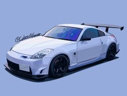 Rule 34 | absurdres, blue background, car, cybernipper, highres, motor vehicle, nissan, nissan 350z, nissan fairlady z, no humans, original, shadow, simple background, spoiler (automobile), sports car, twitter username, vehicle focus