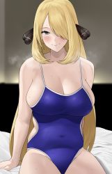 Rule 34 | 1girl, bad id, bad pixiv id, bed sheet, blonde hair, blue one-piece swimsuit, breasts, breath, closed mouth, commission, covered navel, creatures (company), cynthia (pokemon), game freak, hair ornament, hair over one eye, highres, large breasts, long hair, looking at viewer, nintendo, on bed, one-piece swimsuit, pixiv commission, pokemon, pokemon dppt, rinrin (user tvcf4347), school swimsuit, sitting, skindentation, smile, solo, sweat, swimsuit