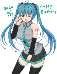 Rule 34 | 1girl, ;), absurdly long hair, absurdres, anniversary, aqua eyes, aqua hair, aqua nails, aqua necktie, artist name, artist request, bare shoulders, between breasts, black skirt, black sleeves, black thighhighs, blue eyes, blue hair, blue nail polish, blue nails, blue necktie, breasts, collarbone, collared shirt, detached sleeves, female focus, frilled shirt collar, frills, grey shirt, hair between eyes, hair ornament, hatsune miku, highres, ir393, leaning forward, long hair, looking at viewer, medium breasts, miniskirt, nail, nail polish, necktie, necktie between breasts, neckwear request, number tattoo, one eye closed, parted lips, pleated skirt, shirt, shoulder tattoo, skirt, sleeveless, sleeveless shirt, sleeves past wrists, smile, solo, tattoo, thighhighs, tie clip, twintails, very long hair, vocaloid, white background, wide sleeves, wing collar, zettai ryouiki