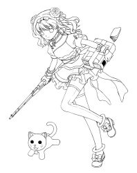 Rule 34 | 1girl, acea4, book, cat, flower, gender request, genderswap, greyscale, gun, hair flower, hair ornament, lin biao, lineart, mao zedong, monochrome, original, simple background, skirt, smile, solo, thighhighs, translation request, weapon, white background