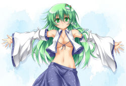 Rule 34 | 1girl, bikini, bikini top only, blush, breasts, detached sleeves, frog, frog hair ornament, green eyes, green hair, hair ornament, japanese clothes, kochiya sanae, large breasts, long hair, looking at viewer, matching hair/eyes, navel, no bra, open clothes, open shirt, outstretched arms, roura, shirt, skirt, smile, snake, snake hair ornament, solo, spread arms, swimsuit, touhou