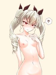 Rule 34 | 10s, 1girl, anchovy (girls und panzer), anchovy (girls und panzer), arm behind back, blush, breast conscious, breasts, dorotabou (dieter), drill hair, girls und panzer, green hair, hair ribbon, highres, long hair, looking down, nipples, nude, out-of-frame censoring, red eyes, ribbon, small breasts, solo, squiggle, sweatdrop, twin drills, twintails, yellow background