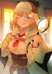 Rule 34 | 1girl, ;q, absurdres, blonde hair, blue eyes, brown capelet, brown coat, brown hat, capelet, coat, deerstalker, detective, hair ornament, hat, highres, holding, holding magnifying glass, hololive, hololive english, indoors, licking lips, looking at viewer, magnifying glass, necktie, one eye closed, red necktie, shirt, short hair, solo, tonarikeru, tongue, tongue out, virtual youtuber, watson amelia, white shirt