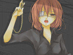Rule 34 | 1girl, bad id, bad pixiv id, brown eyes, brown hair, eyepatch, kuroi (liar-player), looking at viewer, meiko (vocaloid), noose, open mouth, portrait, short hair, solo, vocaloid