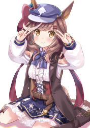 Rule 34 | &gt;:), 1girl, animal ears, black footwear, black vest, blue bow, blue hat, blue skirt, blush, boots, bow, breasts, brown eyes, brown hair, cabbie hat, center frills, closed mouth, clothing cutout, collared shirt, commentary request, double v, dress shirt, ears through headwear, frilled skirt, frills, fringe trim, hair ornament, hairclip, hands up, hat, horse ears, horse girl, horse tail, knee boots, long sleeves, matikane tannhauser (umamusume), medium breasts, motoi ayumu, multicolored hair, open clothes, open vest, puffy long sleeves, puffy sleeves, shirt, shoulder cutout, sitting, skirt, smile, solo, streaked hair, tail, umamusume, v, v-shaped eyebrows, vest, wariza, white background, white hair, white shirt