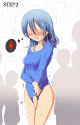 Rule 34 | 1coin, 1girl, between legs, blue hair, blue leotard, blush, breasts, character request, collarbone, crowd, english text, hand between legs, have to pee, leotard, long sleeves, medium breasts, open mouth, short hair, simple background, standing, sweat, text focus, trembling, wavy mouth, white background
