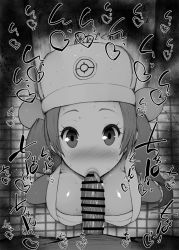 Rule 34 | 1boy, 1girl, bar censor, blush, breasts, censored, chest sarashi, creatures (company), dot nose, erection, eyelashes, fellatio, floor, from above, game freak, greyscale, hair bobbles, hair ornament, hair rings, hat, hetero, kurotama, large breasts, licking, licking penis, lips, long hair, looking at viewer, looking up, monochrome, nintendo, oral, penis, pesselle (pokemon), poke ball print, poke ball symbol, pokemon, pokemon legends: arceus, pov, print headwear, saliva, sarashi, shiny skin, solo focus, squatting, sweat, thick lips, tongue, tongue out, twintails, wall