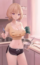 Rule 34 | 1girl, :q, anouetto, black shorts, blonde hair, blue eyes, blush, bowl, breasts, cleavage, collarbone, crop top, dolphin shorts, food, holding, holding bowl, holding syringe, hololive, hololive english, large breasts, licking lips, looking at viewer, mixing bowl, mole, mole on breast, navel, short shorts, short sleeves, short twintails, shorts, smile, solo, standing, syringe, tongue, tongue out, twintails, virtual youtuber, watson amelia, whipped cream, whisk