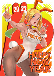 Rule 34 | 1girl, 2023, blonde hair, butcha-u, collar, delightfully fuckable and unrefined!!, earrings, fishnet pantyhose, fishnets, happy new year, highres, hooters, jewelry, name tag, new year, pantyhose, parody, v, wrist cuffs