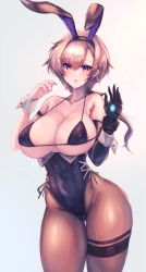Rule 34 | 1girl, absurdres, animal ears, arm strap, azur lane, bare shoulders, black bra, black gloves, black leotard, black pantyhose, bra, breasts, cleavage, collarbone, covered erect nipples, covered navel, cowboy shot, denchi more power, earrings, elbow gloves, fake animal ears, gloves, grey hair, groin, hair between eyes, hair ribbon, hands up, highres, jewelry, large breasts, leotard, long hair, looking at viewer, low ponytail, metal gloves, official alternate costume, open mouth, pantyhose, parted hair, playboy bunny, purple eyes, rabbit ears, reno (azur lane), reno (reno bunnino) (azur lane), ribbon, side-tie leotard, sidelocks, simple background, single elbow glove, solo, standing, stud earrings, thigh gap, thigh strap, underboob, underwear, white background, wrist cuffs