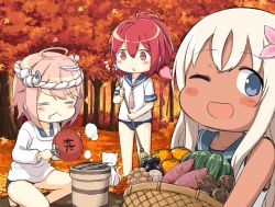 Rule 34 | 3girls, :&lt;, :o, ;d, = =, ahoge, autumn, autumn leaves, bad id, bad pixiv id, basket, blue one-piece swimsuit, blue sailor collar, blush, blush stickers, broom, cat, closed eyes, closed mouth, commentary request, cooking, day, engiyoshi, fish, flower, food, fruit, grapes, grill, hair between eyes, hair flower, hair ornament, hair ribbon, hand fan, heart, i-168 (kancolle), i-58 (kancolle), kantai collection, kneeling, long hair, long sleeves, multiple girls, mushroom, neckerchief, one-piece swimsuit, one eye closed, open mouth, outdoors, paper fan, parted lips, persimmon, pink hair, ponytail, potato, pumpkin, red hair, ribbon, ro-500 (kancolle), sailor collar, saliva, saury, school swimsuit, school uniform, serafuku, shirt, short hair, short sleeves, smile, standing, sweet potato, swimsuit, swimsuit under clothes, tan, vegetable, white hair, white shirt