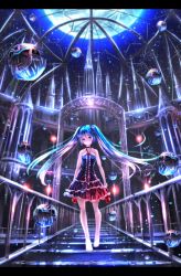Rule 34 | 1girl, bare arms, bare shoulders, barefoot, collarbone, dome, dress, full moon, hair ornament, hatsune miku, letterboxed, light particles, long hair, looking at viewer, md5 mismatch, moon, night, orb, red footwear, resolution mismatch, ryosios, shirt, shoes, unworn shoes, skirt, sky, sleeveless, sleeveless dress, solo, source larger, stairs, star (sky), starry sky, twintails, very long hair, vocaloid