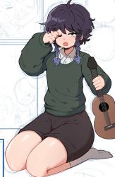 Rule 34 | 1boy, androgynous, black hair, black shorts, blue hair, braid, full body, genshin impact, gradient hair, green sweater, guitar, hand up, holding, holding instrument, instrument, looking at viewer, male focus, multicolored hair, one eye closed, seiza, shirt, shorts, sitting, sky guy art, socks, solo, sweater, thick thighs, thighs, twin braids, venti (genshin impact), white shirt, white socks