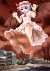Rule 34 | 1girl, aonagi ibane, barefoot, bat wings, blue hair, city, dirty, dirty feet, fang, feet, giant, giantess, hat, highres, open mouth, red eyes, remilia scarlet, short hair, soles, solo, toes, touhou, wings