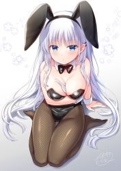 Rule 34 | 1girl, animal ears, arm under breasts, between breasts, black bow, black bowtie, black hairband, black leotard, black pantyhose, blue eyes, blush, bow, bowtie, breasts, brown pantyhose, cleavage, closed mouth, collar, commentary request, commission, detached collar, fake animal ears, fishnet pantyhose, fishnets, floral background, full body, gradient background, grey background, hair ornament, hairband, hairclip, highres, leotard, long hair, looking at viewer, medium breasts, nakamura hinato, naruse shiroha, no shoes, pantyhose, playboy bunny, rabbit ears, signature, sitting, skeb commission, solo, spoon, strapless, strapless leotard, summer pockets, very long hair, wariza, white background, white collar, white hair, wrist cuffs