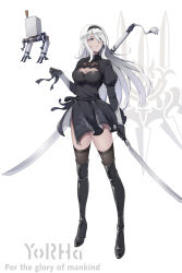Rule 34 | 1girl, :o, absurdres, black dress, black footwear, black gloves, black hairband, black ribbon, black thighhighs, blue eyes, boots, breasts, cleavage, dress, drone, full body, gloves, hair between eyes, hairband, high heel boots, high heels, highres, holding, holding ribbon, holding sword, holding weapon, knee boots, long hair, looking up, medium breasts, mole, mole under eye, nier:automata, nier (series), open mouth, original, pod (nier:automata), ribbon, rubber boots, simple background, solo, standing, sword, sword behind back, thighhighs, weapon, white background, white hair, wsfw