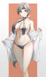 Rule 34 | 1girl, absurdres, alternate costume, bikini, black bikini, breast curtains, breasts, brown background, brown eyes, chitose (kancolle), commentary request, criss-cross halter, grey background, grey hair, halterneck, highres, kantai collection, large breasts, long hair, looking at viewer, low ponytail, mokuren (mozukukirai88), navel, open clothes, open shirt, shirt, smile, solo, swimsuit, two-tone background, undressing, white shirt