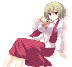 Rule 34 | &gt;:3, 1girl, :3, ascot, blush, breasts, collar, dress shirt, fal maro, female focus, green hair, highres, impossible clothes, impossible shirt, kazami yuuka, large breasts, long skirt, long sleeves, midriff, navel, plaid, plaid skirt, plaid vest, red eyes, shirt, short hair, simple background, sitting, skirt, skirt set, smile, solo, touhou, v-shaped eyebrows, vest, white background