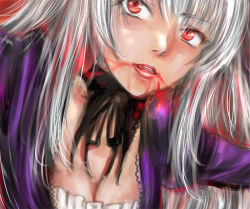 Rule 34 | 00s, 1girl, blood, breasts, cleavage, close-up, lips, osakana (denpa yun&#039;yun), red eyes, rozen maiden, silver hair, solo, suigintou