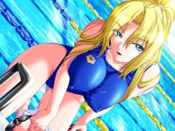 Rule 34 | 1girl, :o, aqua eyes, arena (company), blonde hair, blue one-piece swimsuit, brand name imitation, breasts, breasts squeezed together, collarbone, competition swimsuit, covered erect nipples, dutch angle, emblem, eyes visible through hair, game cg, goggles, unworn goggles, green eyes, groin, hair between eyes, hair over shoulder, hair tie, hasekura ritsuko, high ponytail, highleg, highleg swimsuit, impossible clothes, impossible swimsuit, kagami hirotaka, ladder, lane line, large breasts, long hair, looking at viewer, mesu kyoushi, mole, mole under eye, one-piece swimsuit, on one knee, open mouth, parted bangs, ponytail, pool, pool ladder, poolside, solo, swim cap, swimsuit, taut clothes, thighs, water, wet, wet hair