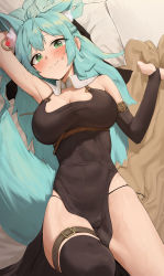 Rule 34 | 1girl, absurdres, animal ear fluff, animal ears, aqua hair, belt, black thighhighs, borrowed character, breasts, cleavage, closed mouth, covered navel, fang, fox ears, fox girl, fox tail, green eyes, highres, large breasts, leg belt, long hair, looking at viewer, lying, on back, original, pillow, single thighhigh, sister reine (foxyreine), skin fang, solo, sweat, sweatdrop, tail, thighhighs, thighs, tonki