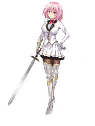 Rule 34 | 1girl, black skirt, blazer, boots, bow, bowtie, breasts, buttons, dress shirt, feng mouren, gauntlets, high heel boots, high heels, highres, holding, holding sword, holding weapon, jacket, large breasts, armored boots, original, pantyhose, pink eyes, pink hair, pleated skirt, red bow, red bowtie, school uniform, shirt, short hair, skirt, solo, sword, thigh boots, weapon, white background, white jacket, white shirt, white skirt