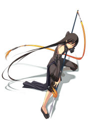 Rule 34 | 1girl, brown hair, detached sleeves, flats, highres, lace, long hair, original, polearm, red eyes, shingo (missing link), solo, spear, very long hair, weapon