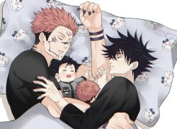 Rule 34 | 4boys, arm tattoo, baby, bed sheet, black hair, black nails, black shirt, brothers, closed eyes, commentary request, couple, extra eyes, facial tattoo, family, father and son, fushiguro megumi, hello kitty, if they mated, jujutsu kaisen, long sleeves, lying, male focus, multiple boys, pillow, pink hair, red eyes, ryoumen sukuna (jujutsu kaisen), sanrio, sato zero915, shirt, siblings, sleeping, smile, tattoo, teeth, twins, yaoi