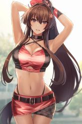 Rule 34 | 1girl, armpits, arms up, belt, belt buckle, black belt, blurry, blurry background, breasts, brown eyes, brown hair, buckle, cleavage, commentary, crop top, flower, hair flower, hair ornament, highres, kantai collection, kasumi (skchkko), large breasts, long hair, looking at viewer, parted lips, ponytail, race queen, red shorts, short shorts, shorts, smile, solo, yamato (kancolle)